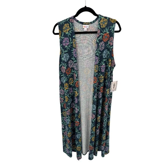 LuLaRoe Sleeveless Joy Vest Womens Large Blue Floral Polyester Side Slits NEW - Picture 1 of 8